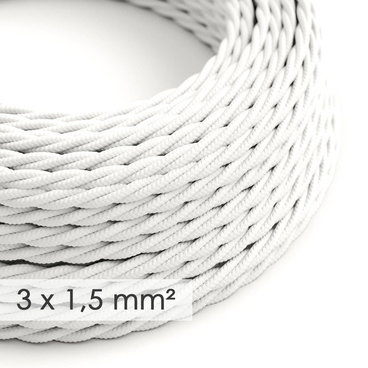 Bílý spirálový textilní elektrický kabel 3x1,5 mm s průměrem 9 mm a dvojitou izolací