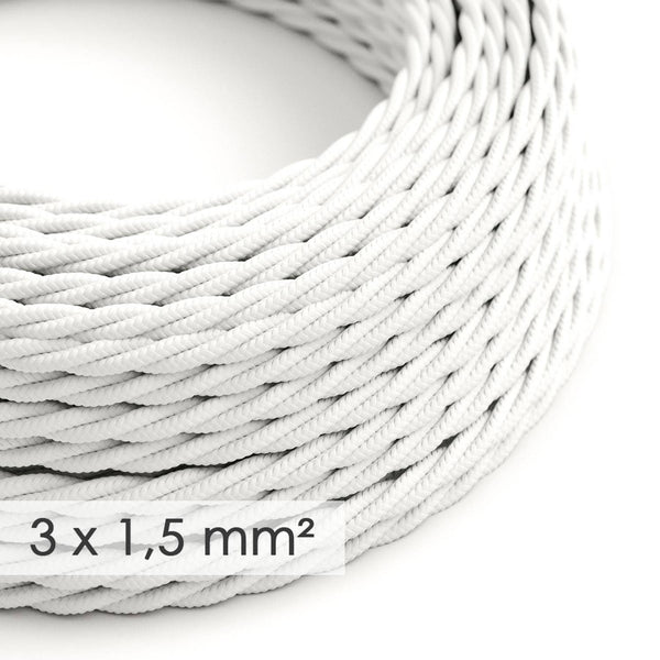 Bílý spirálový textilní elektrický kabel 3x1,5 mm s průměrem 9 mm a dvojitou izolací