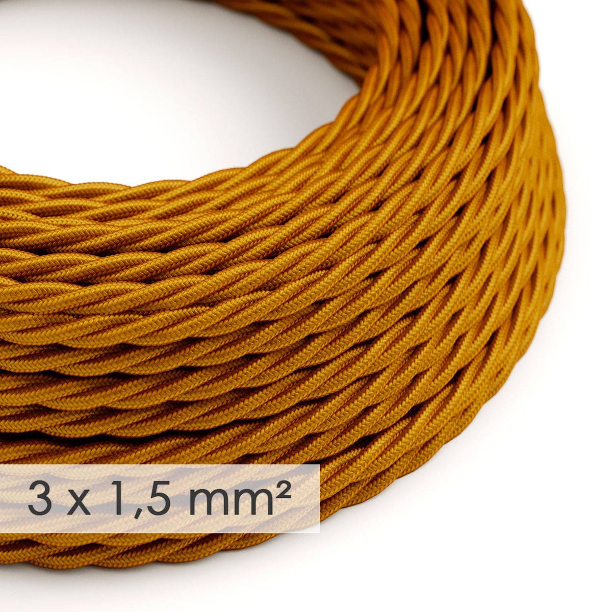 Zlatý spirálový textilní elektrický kabel 3x1,5 mm s průměrem 9 mm