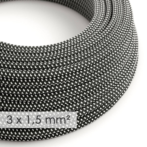 Textilní elektrický kabel 3x1,5 mm s 3D efektem - černo-bílý, průměr 8,5 mm