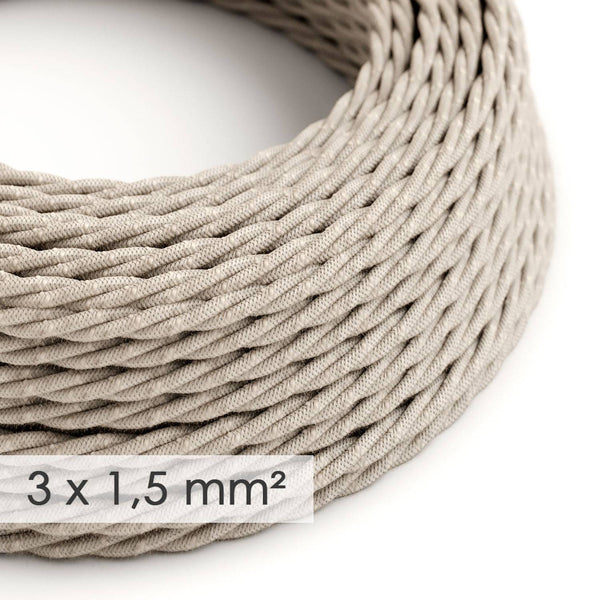 Textilní elektrický kabel 3x1,5 mm - spirálový, přírodní len, průměr 9 mm