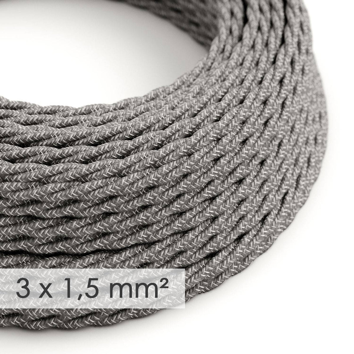 Textilní elektrický kabel 3x1,5 mm - spirálový, přírodní šedý len, průměr 9 mm