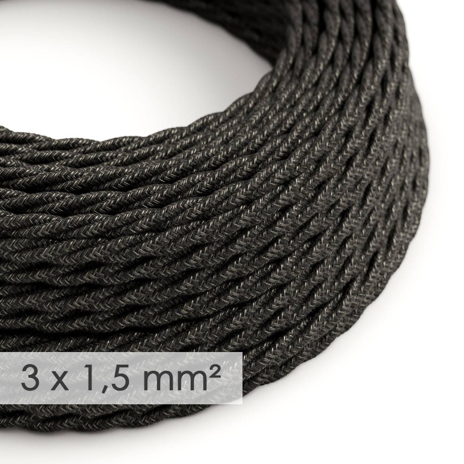 Textilní elektrický kabel 3x1,5 mm - spirálový, přírodní antracitový len, průměr 9 mm