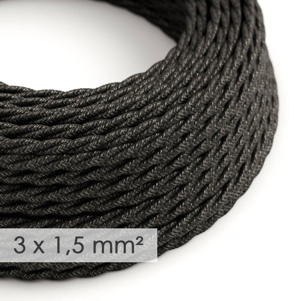 Textilní elektrický kabel 3x1,5 mm - spirálový, přírodní antracitový len, průměr 9 mm