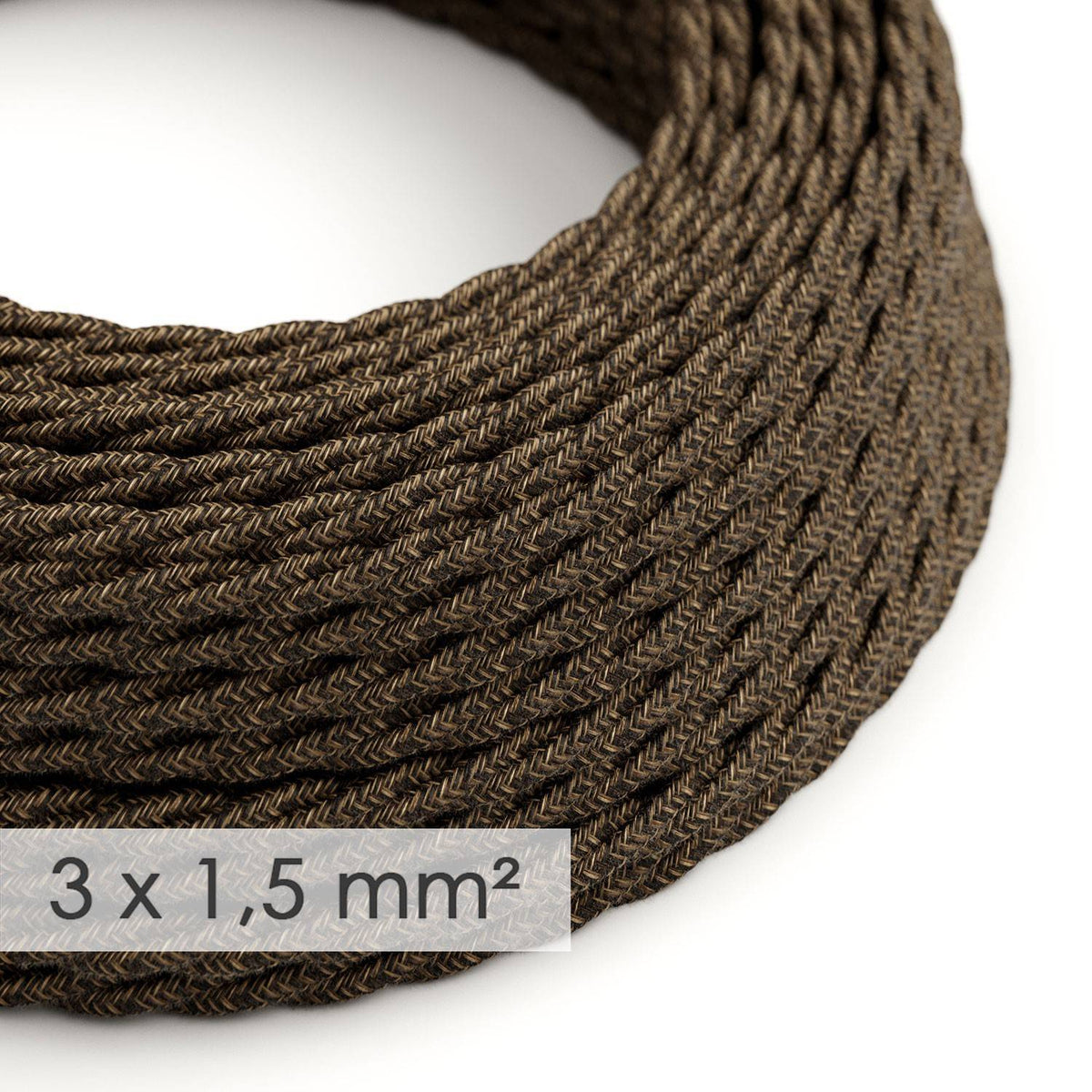 Textilní spirálový elektrický kabel 3x1,5 mm - přírodní hnědý len, průměr 9 mm