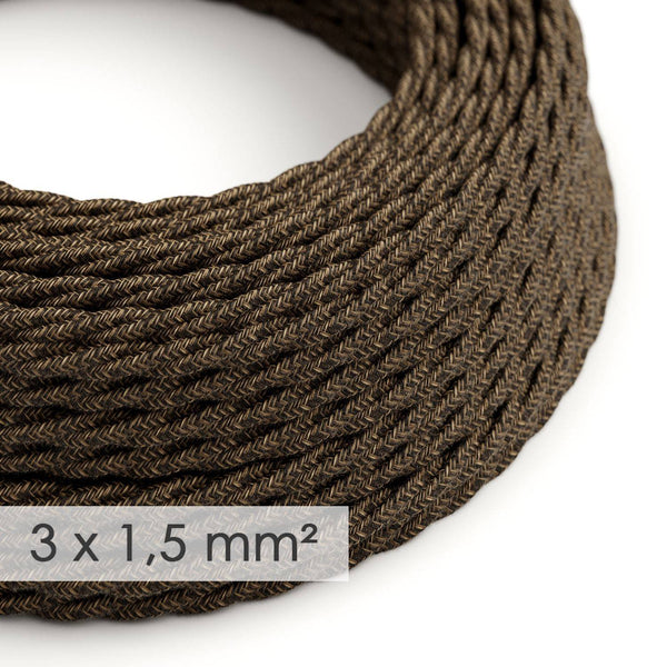 Textilní spirálový elektrický kabel 3x1,5 mm - přírodní hnědý len, průměr 9 mm