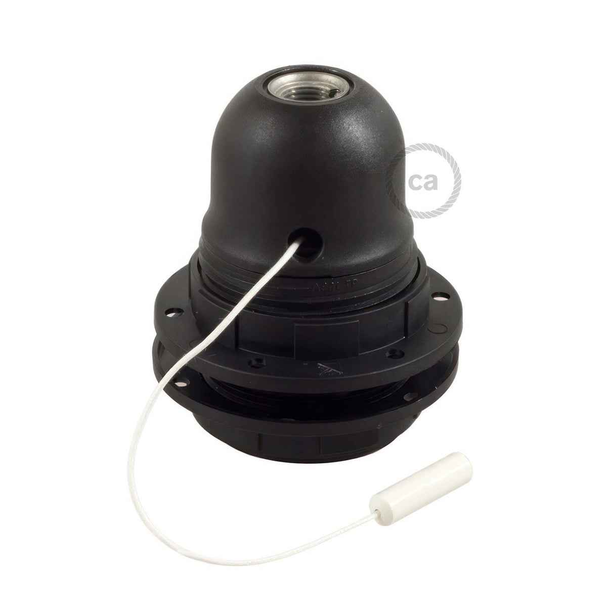 Objímka E27 z termoplastu s kroužky a tahacím vypínačem, průměr 40 mm