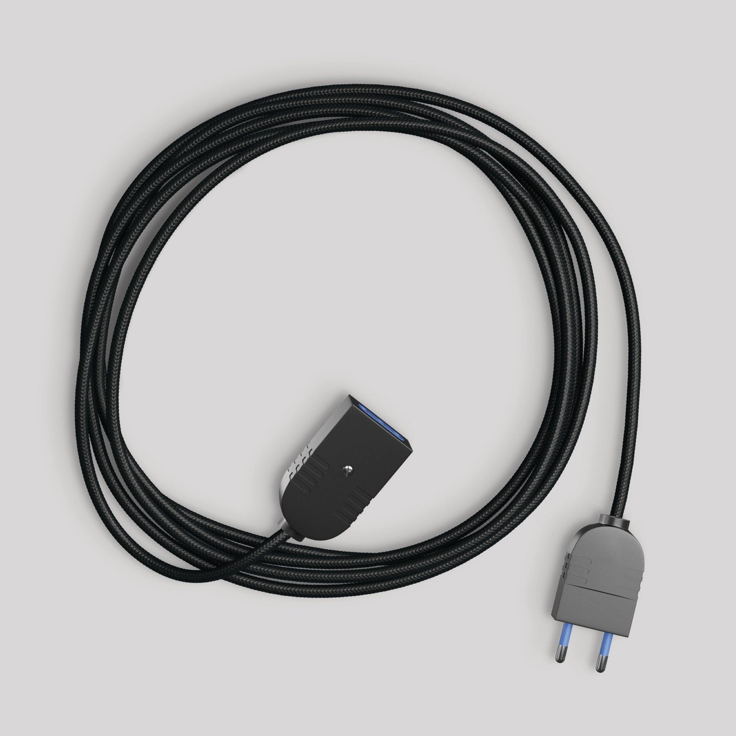 Elektrický prodlužovací kabel 2P 10A s černým textilním opletem, 2x0,75 mm²