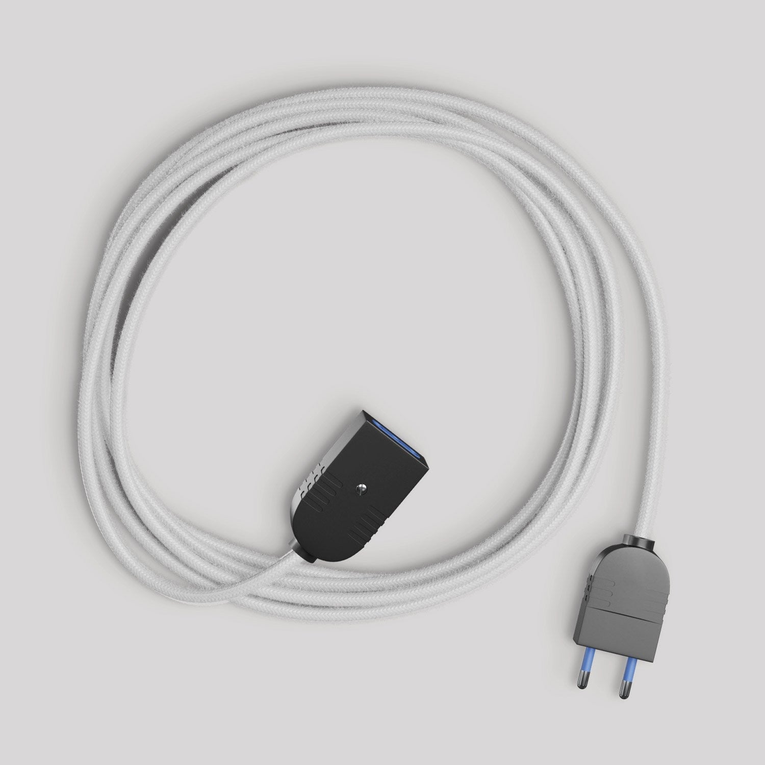 Lesklý bílý textilní prodlužovací kabel 2P 10A, DVOJITĚ IZOLOVANÝ, 300V