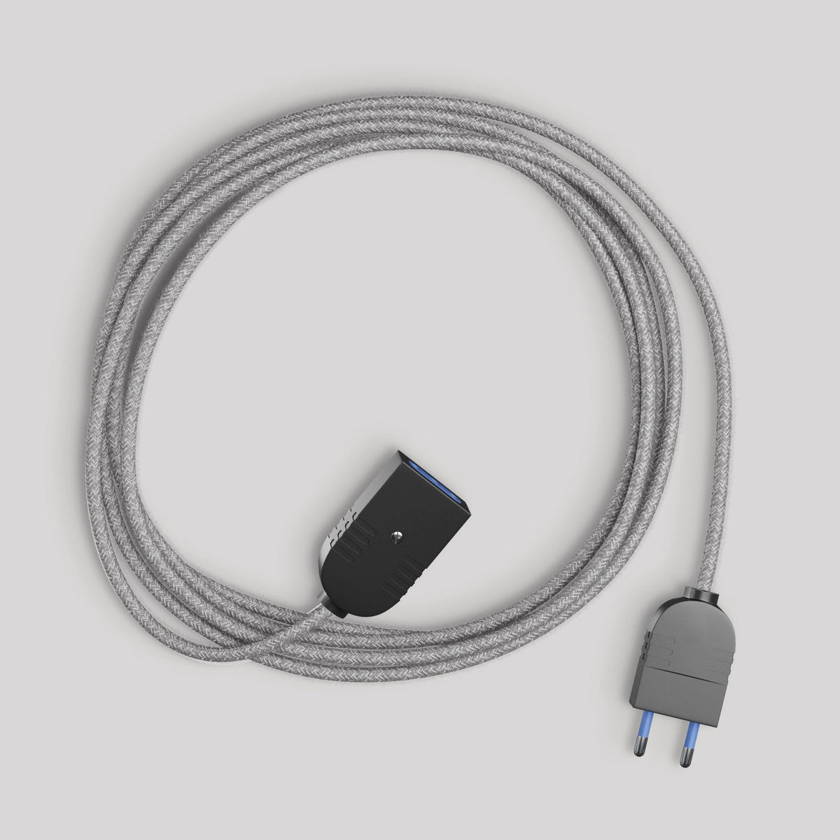 Šedý lněný prodlužovací kabel 2P 10A s dvojitě izolovaným opletem
