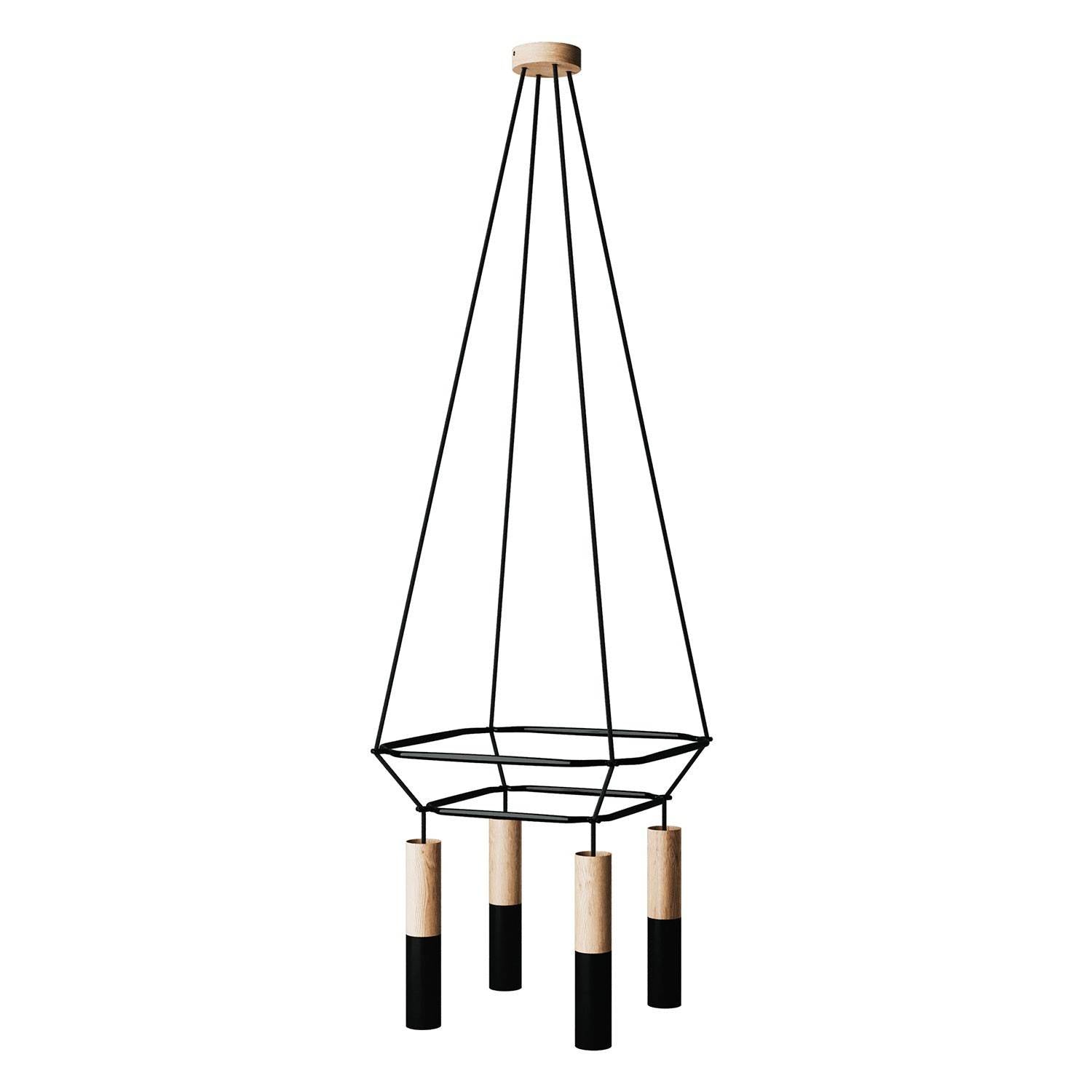 Lustr Cage 2 Tub E14 s 4 dvojitými stínidly a dřevěným baldachýnem 48x48x135 cm