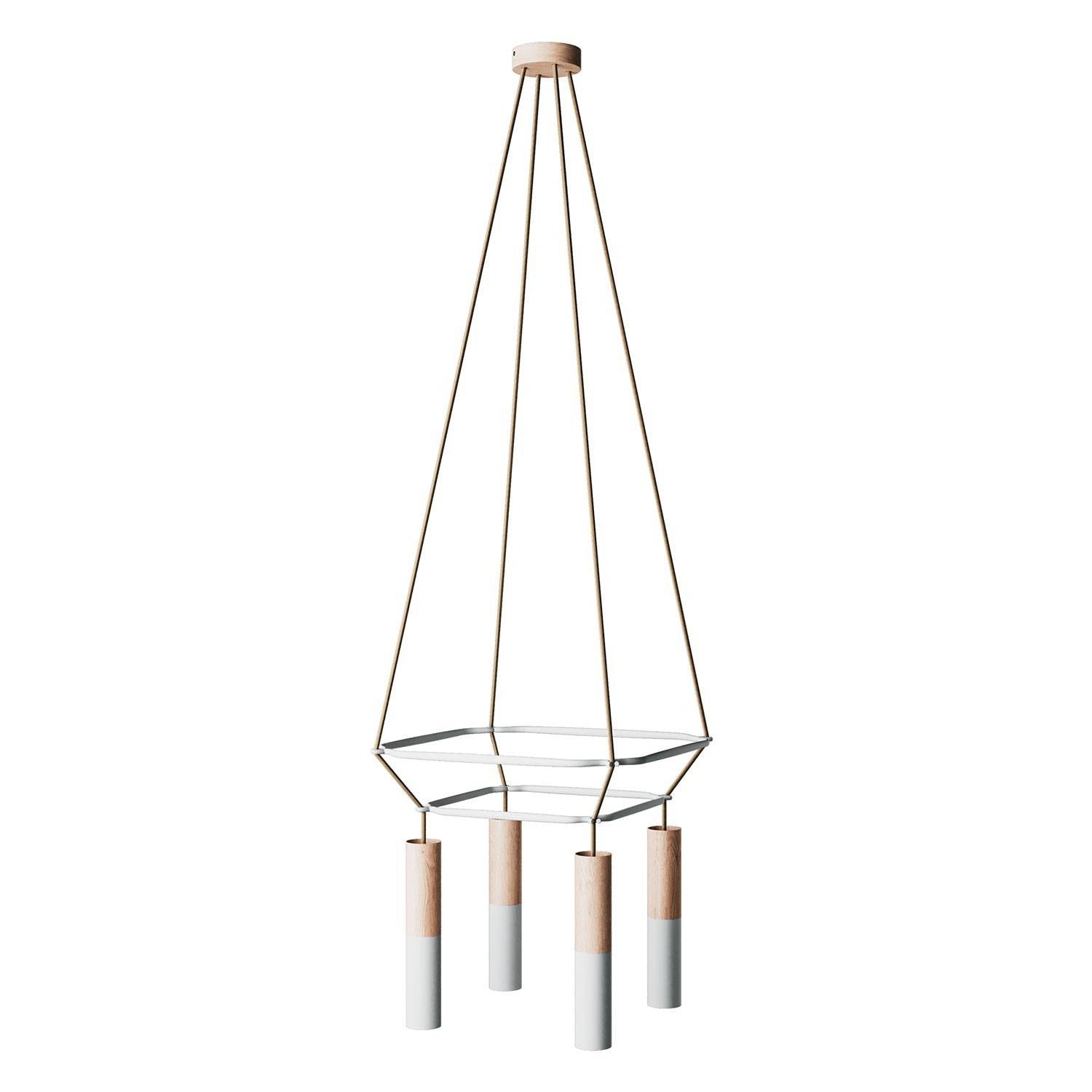 Lustr Cage 2 Tub E14 s 4 dvojitými stínidly a dřevěným baldachýnem 48x48x135 cm
