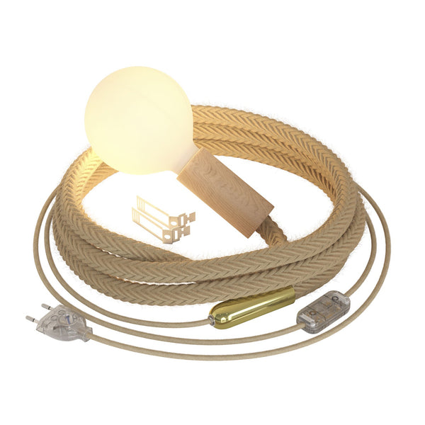 SnakeBis Lano - svítidlo s jutovým 2XL spirálovým kabelem a dřevěnou objímkou E27, max 57W