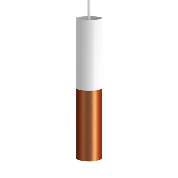 Závěsná lampa Tub-E14 s dvojitým stínidlem a textilním kabelem 190 cm