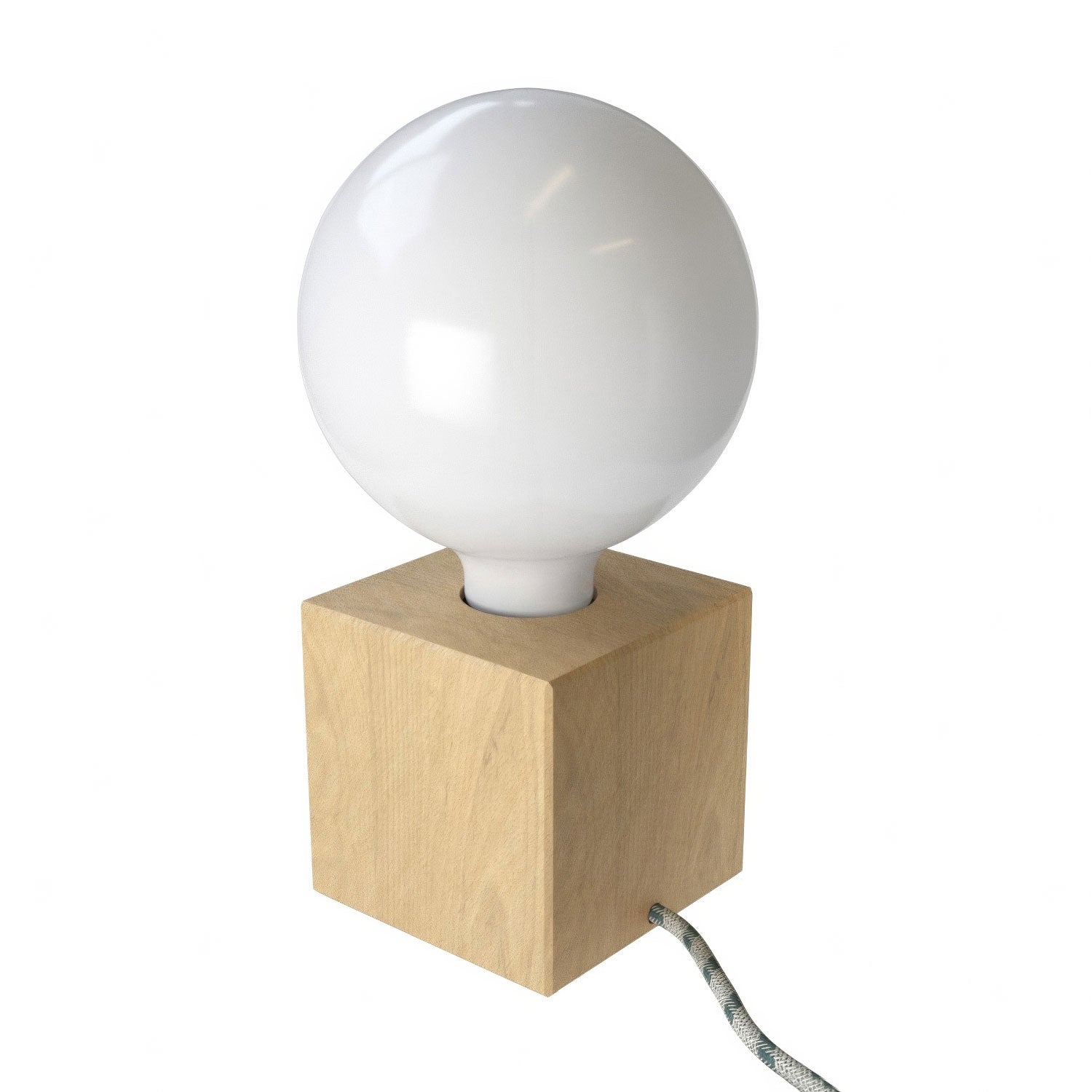 Dřevěná stolní lampa Posaluce Cubetto s textilním kabelem a výkonem 70 W