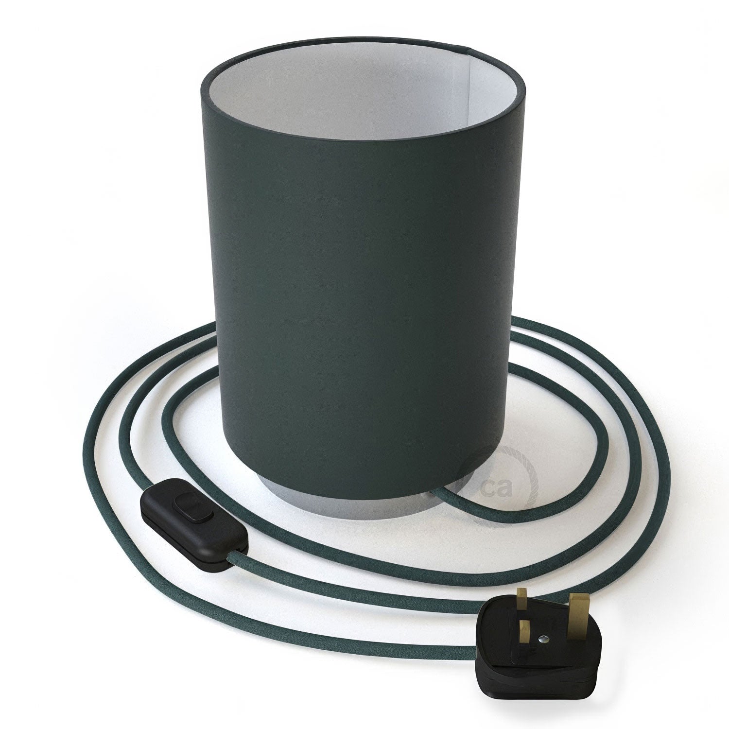 Kovové svítidlo Posaluce s válcovým stínidlem v petrolejovém plátně, průměr 15 cm, výška 18 cm