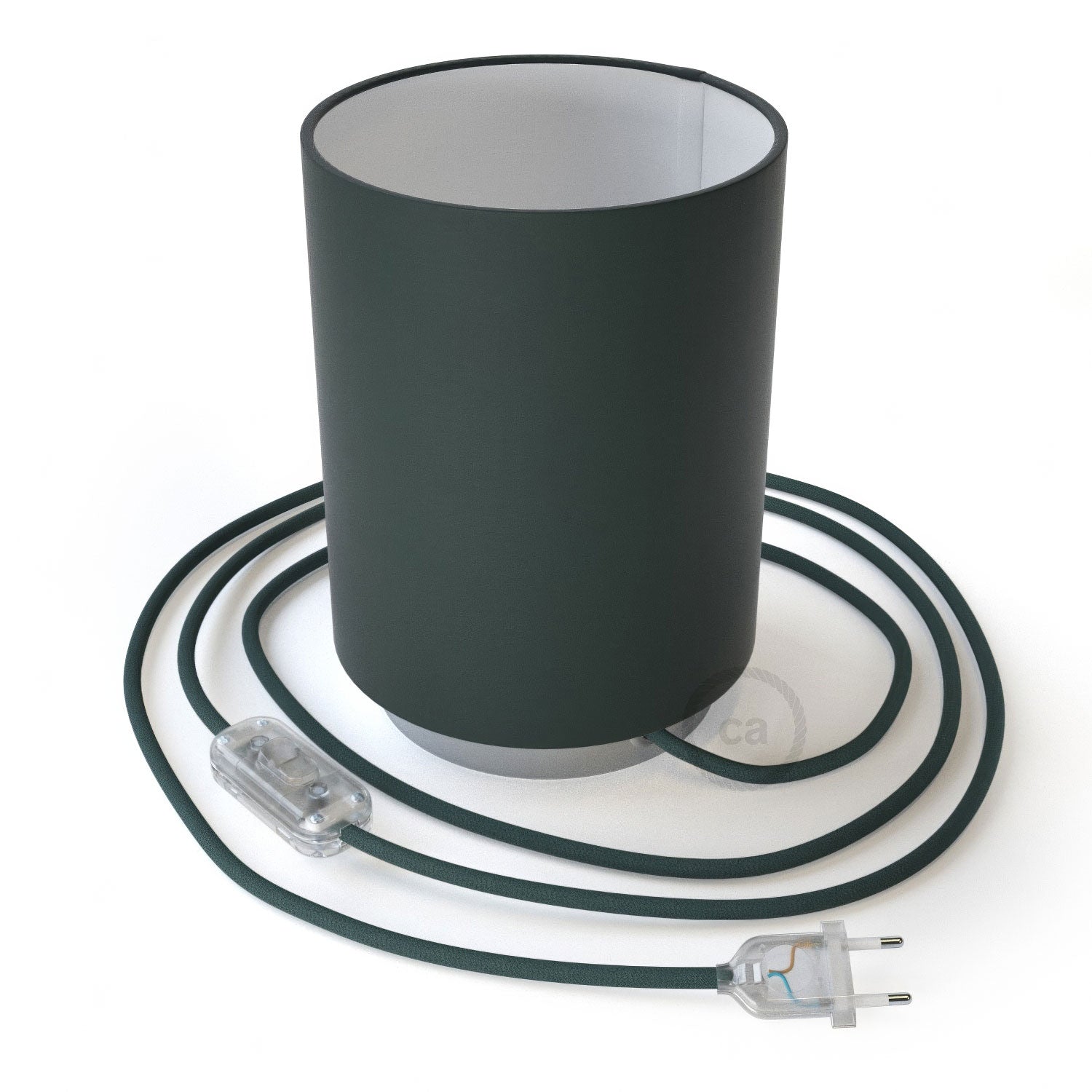 Kovové svítidlo Posaluce s válcovým stínidlem v petrolejovém plátně, průměr 15 cm, výška 18 cm