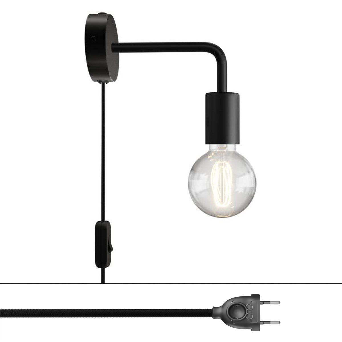 Spostaluce, nástěnná kovová lampa L tvaru s vypínačem, 53W, 210 cm kabelu