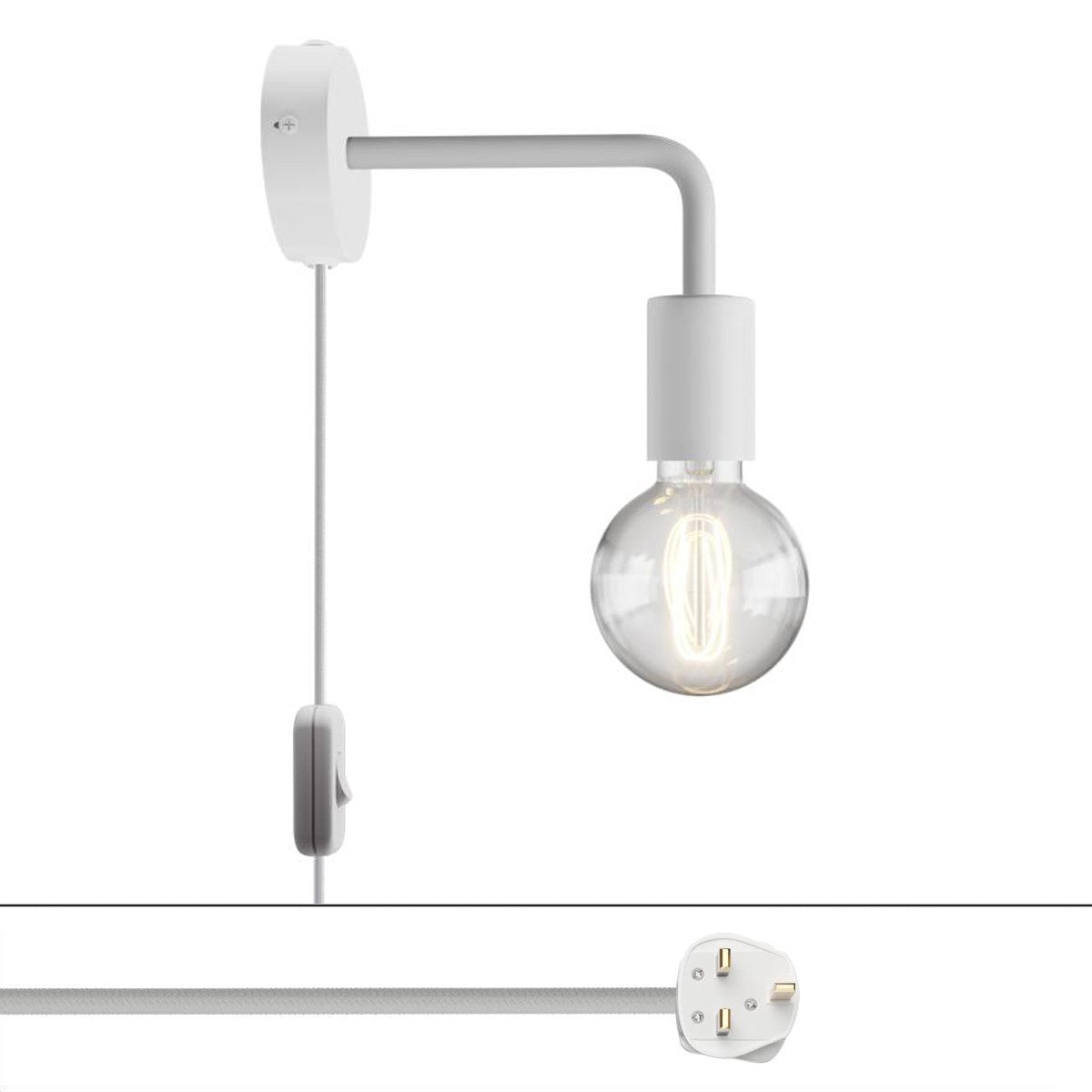 Spostaluce, nástěnná kovová lampa L tvaru s vypínačem, 53W, 210 cm kabelu