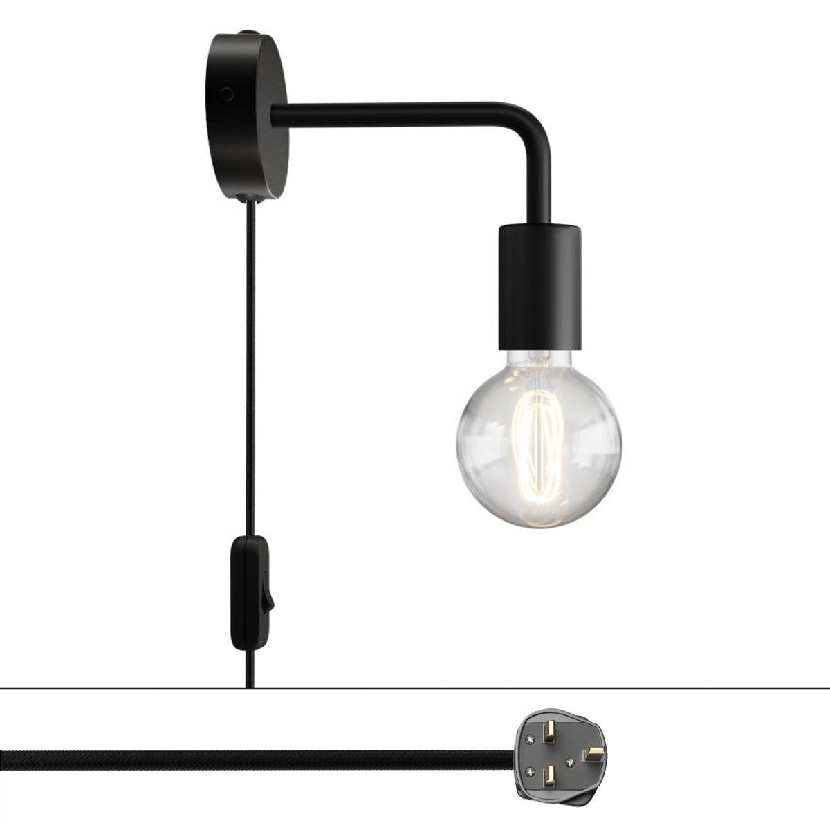 Spostaluce, nástěnná kovová lampa L tvaru s vypínačem, 53W, 210 cm kabelu