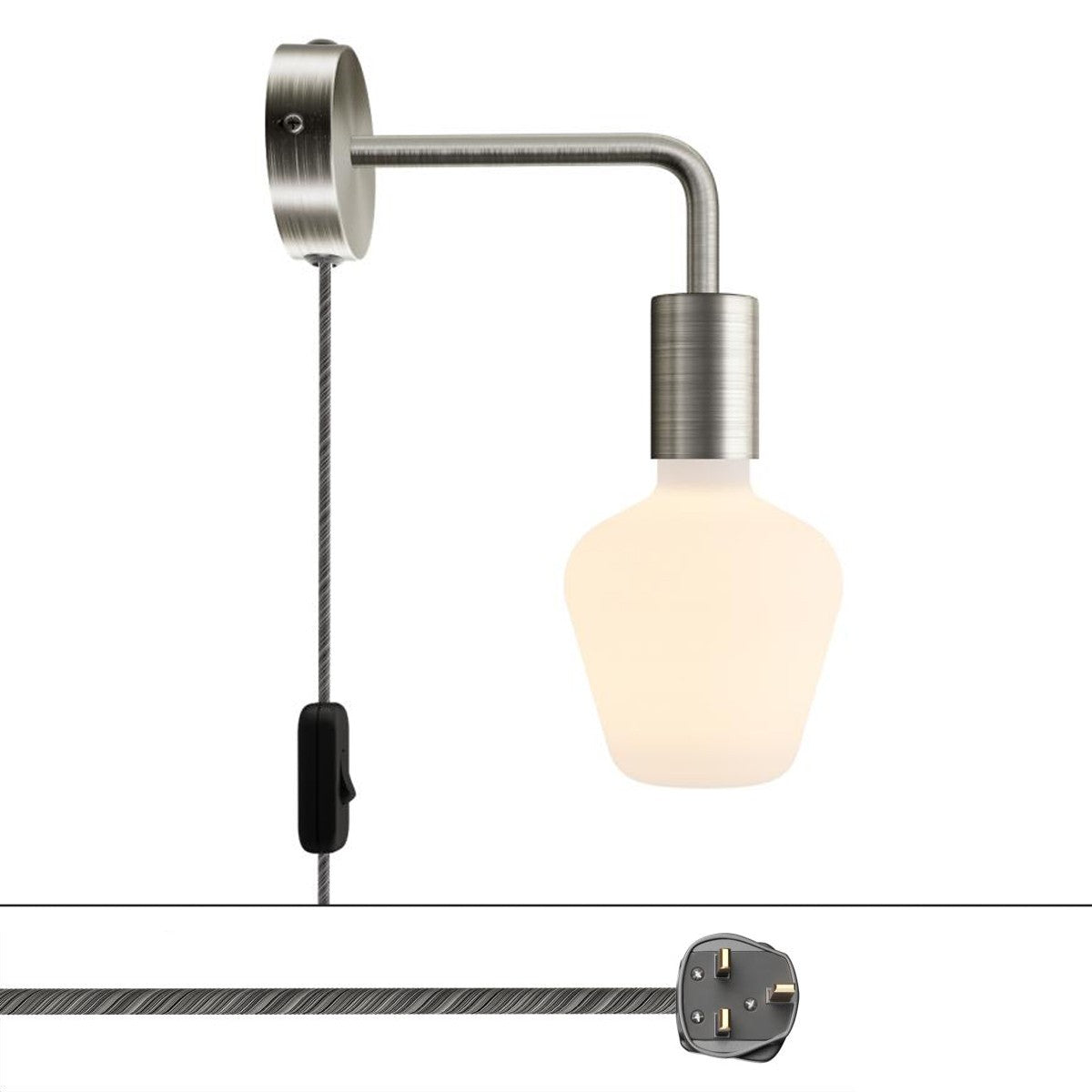 Spostaluce, nástěnná kovová lampa L tvaru s vypínačem, 53W, 210 cm kabelu