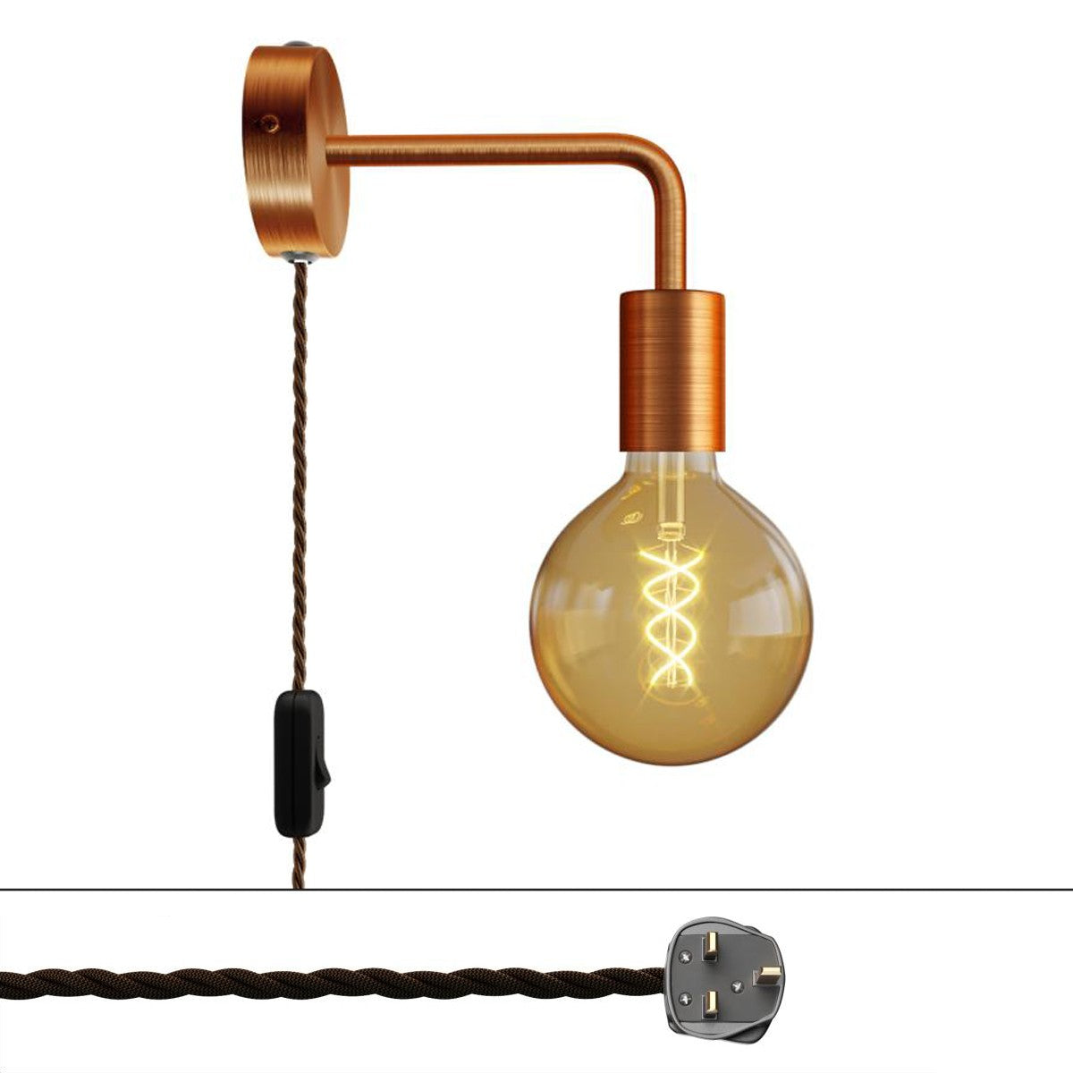 Spostaluce, nástěnná kovová lampa L tvaru s vypínačem, 53W, 210 cm kabelu