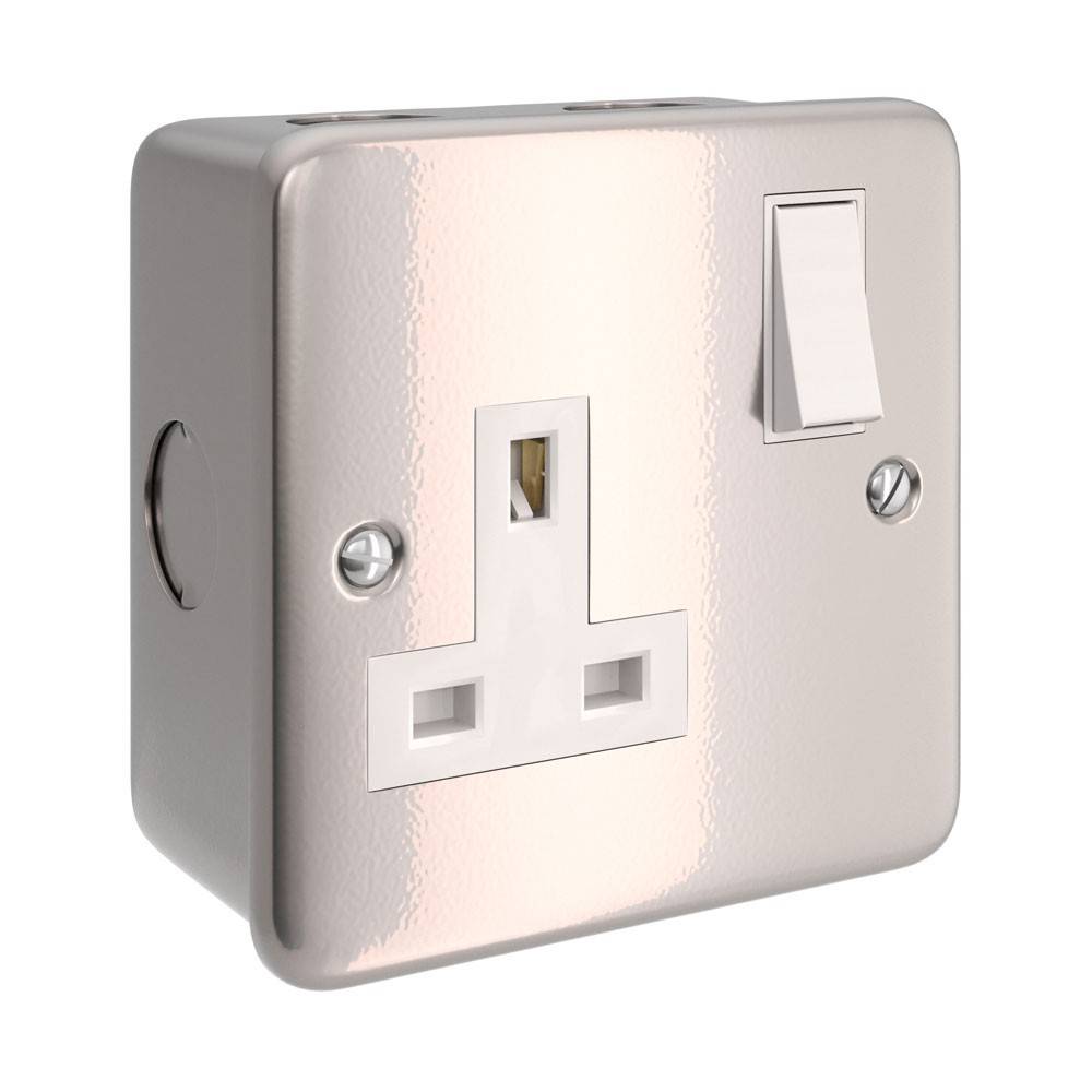 Kovová skříňka se zásuvkou UK a přepínačem, stříbrná šedá, 13 Amp