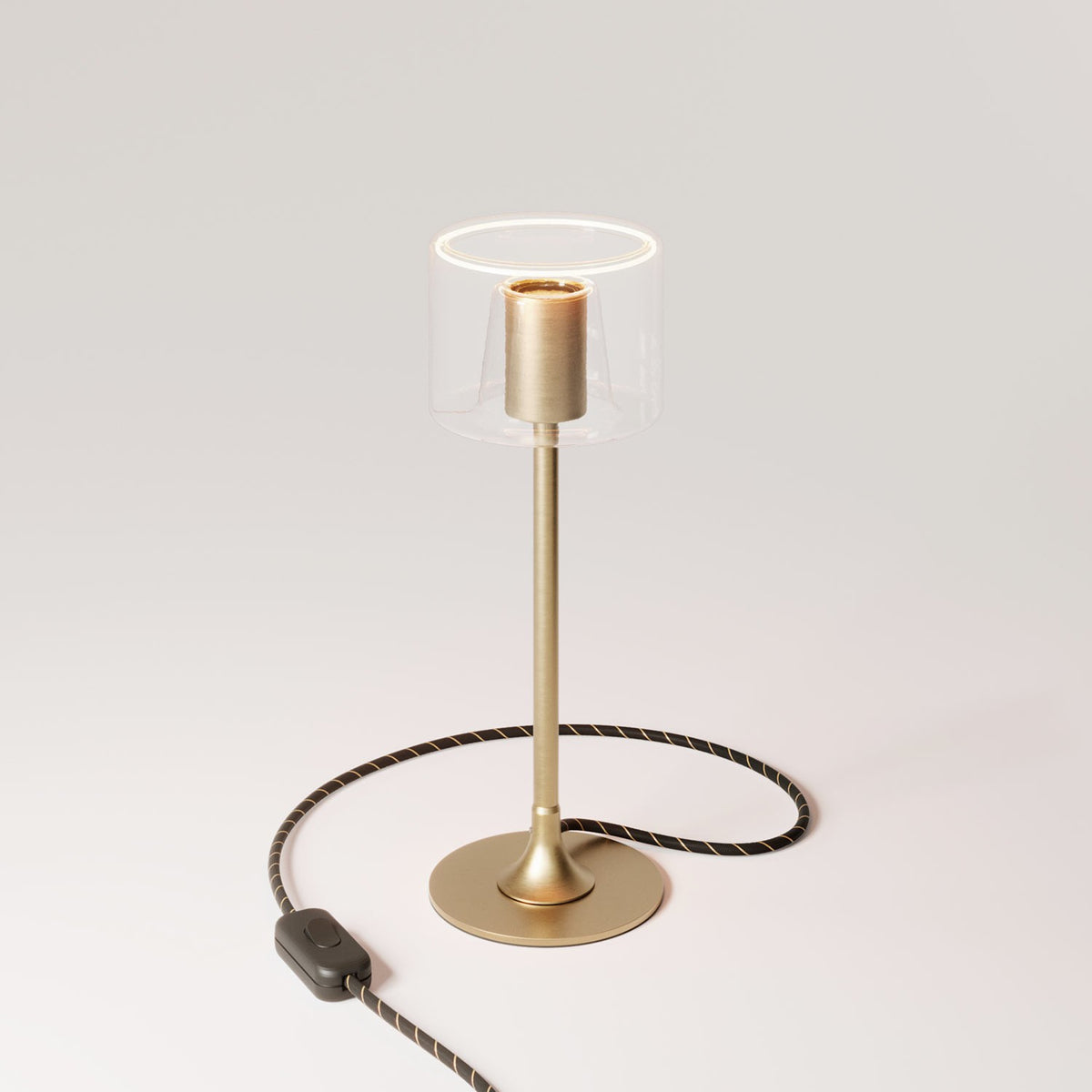 Stolní lampa MAG-Y s kulatým kovovým podstavcem a průhlednou žárovkou Ghost, max. 42 W, teplé světlo 2200K