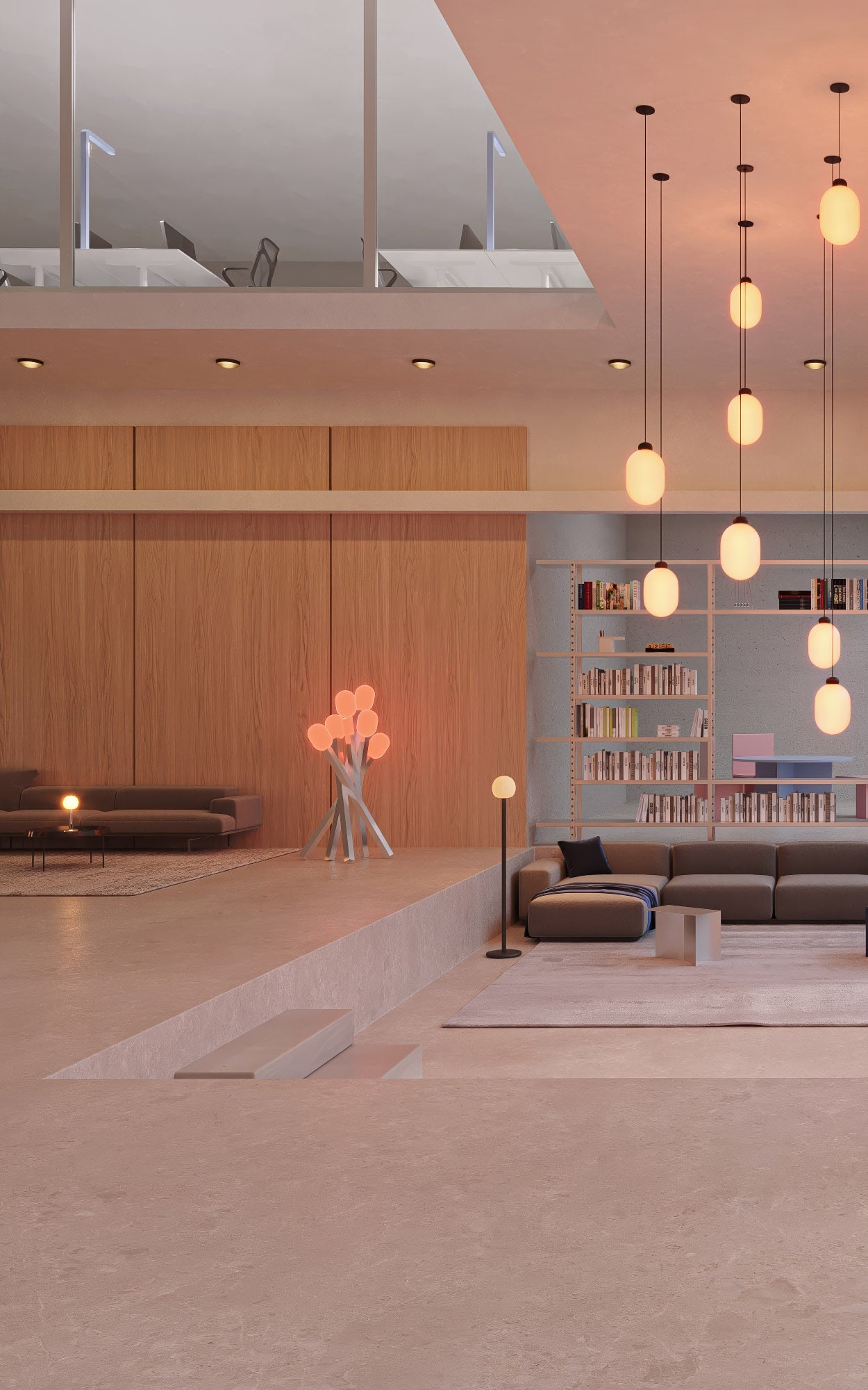 Campfire stojací lampa GRAU v lounge interiéru