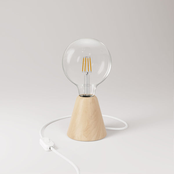 Stolní lampa s olšovou základnou a průhlednou LED žárovkou G125, 4W